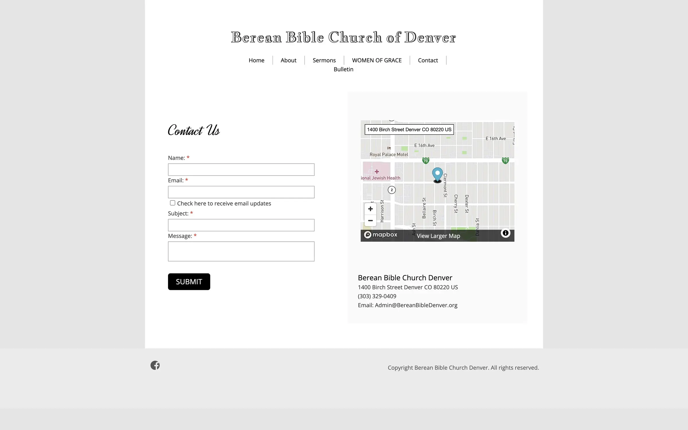 Screenshot of old contact page on Berean Bible Church of Denver website